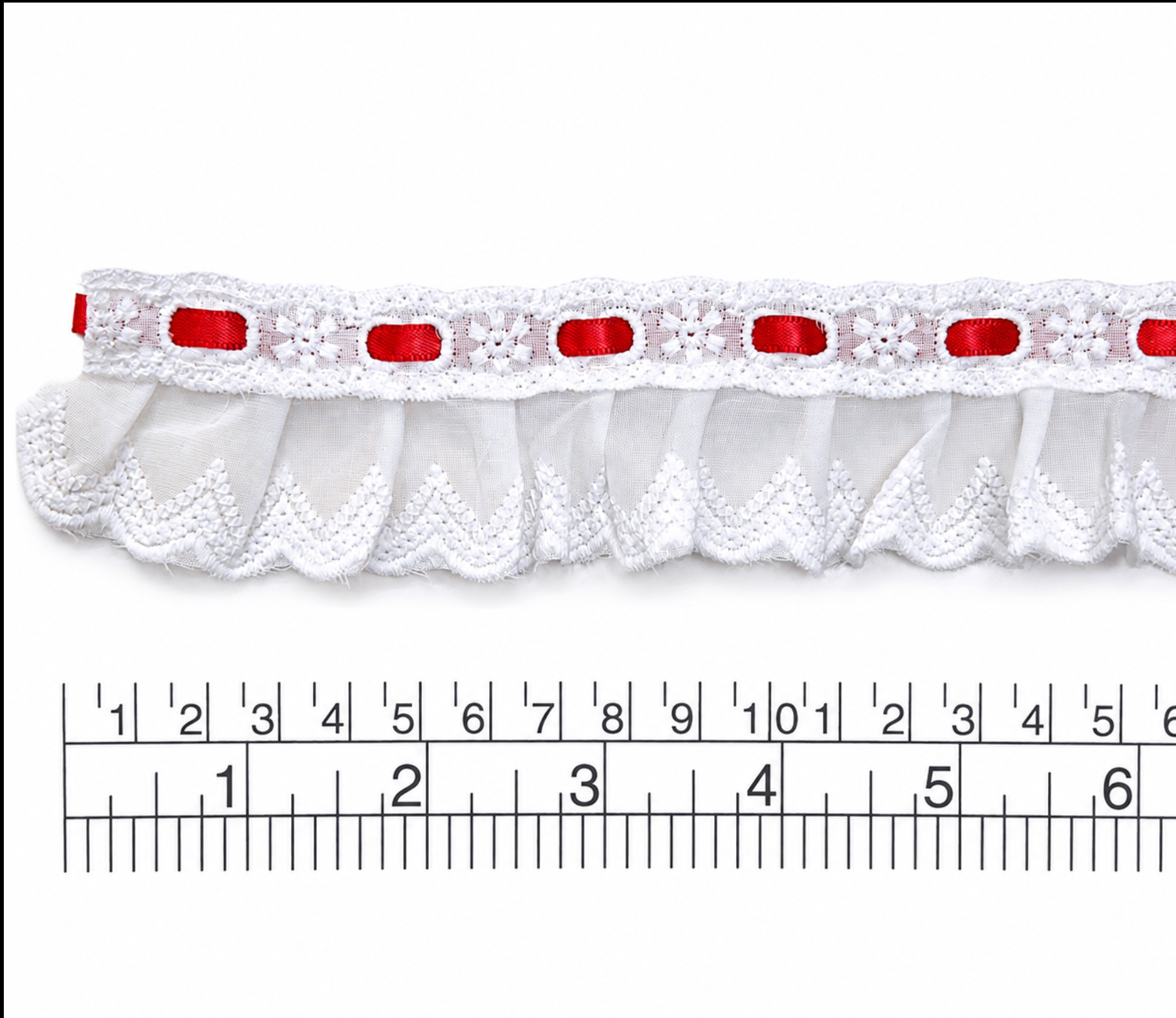 Pasacinta con cinta y broderie plisado de algodón, 4.5cm de ancho Rojo (pieza 10Yarsas) BP2