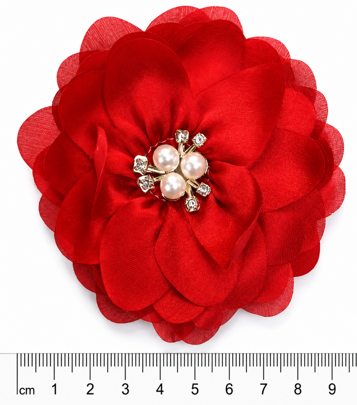 Flor de tela poliester ROJO  petalos y brillo  (X UNIDAD) FT16