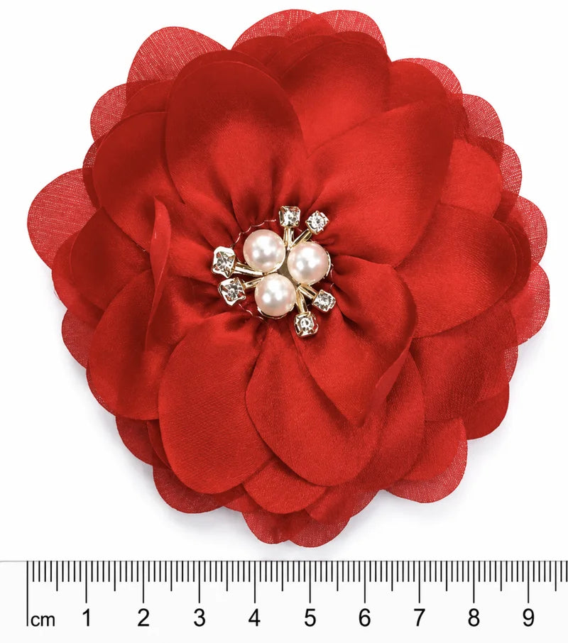 Flor de tela poliester ROJO  petalos y brillo  (X UNIDAD) FT16