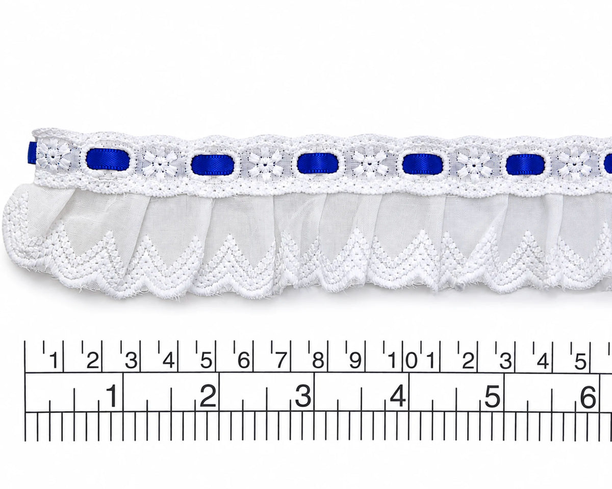 Pasacinta con cinta y broderie plisado de algodón, 4.5cm de ancho AZUL (pieza 10Yarsas) BP3