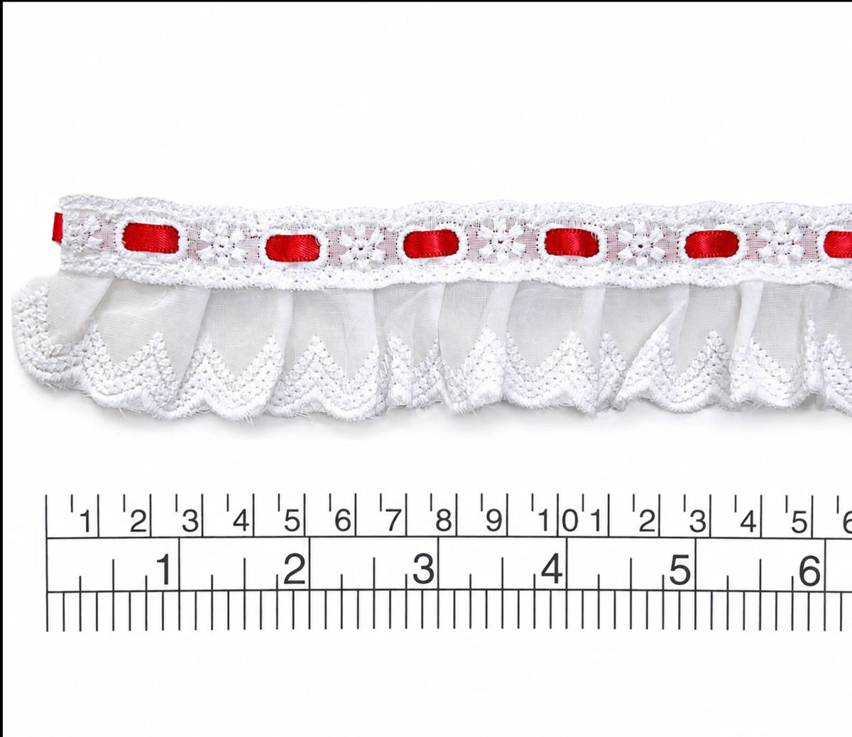 Pasacinta con cinta y broderie plisado de algodón, 4.5cm de ancho Rojo (pieza 10Yarsas) BP2