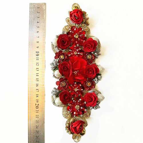 Aplicación tull bordado pedreria mixta rojo dorado